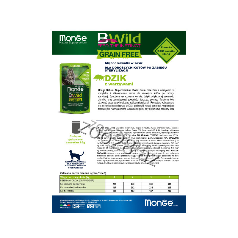 Monge Bwild Sterilised Taxılsız Qaban Əti və Tərəvəzlərlə, 85 qr - Pişiklər - Şəkil 2